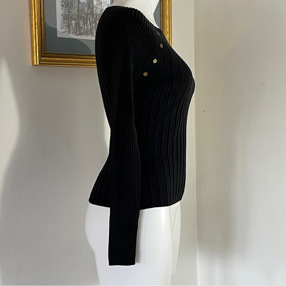 August Silk Petite PS Black Ribbed Sweater Gold Buttons Long Sleeve Y2K Preppy - Picture 6 of 10